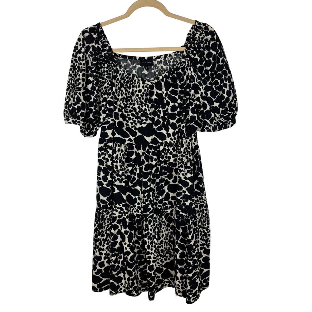 Who What Wear M Black & White Animal Print Cotton Midi Dress Puff Sleeve